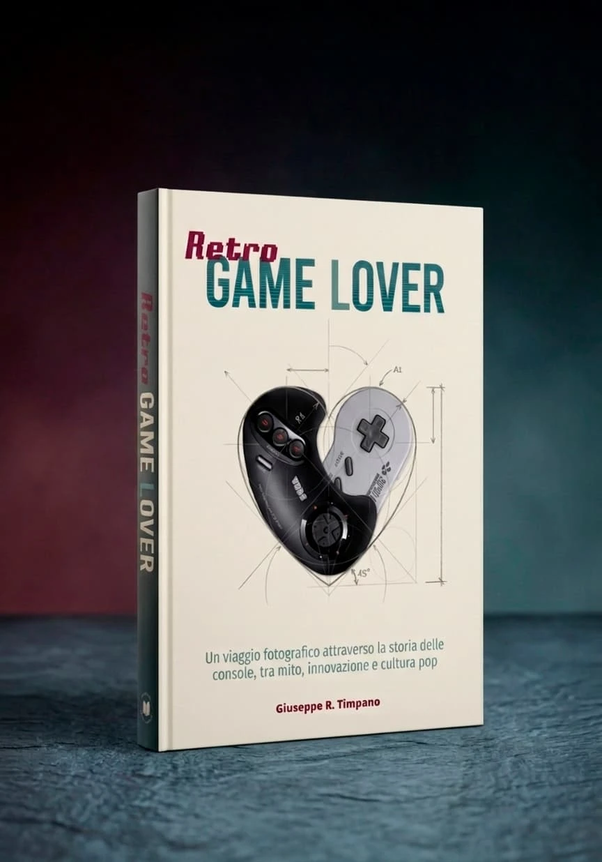 The official book cover of 'Retro GAME LOVER' featuring a stylized heart formed by two classic gaming controllers against a technical blueprint background